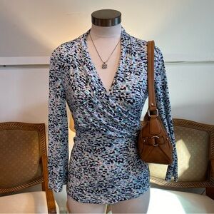 DKNY Multicolor Abstract Blue & White Wrap Blouse, Women's Small, Office Chic